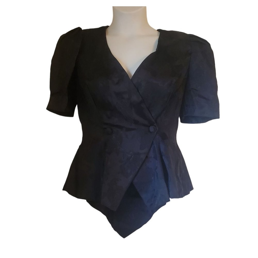 Black Floral Formal Medium Blouse Top Fitted Wrap Short‎ Sleeves Asymmetrical